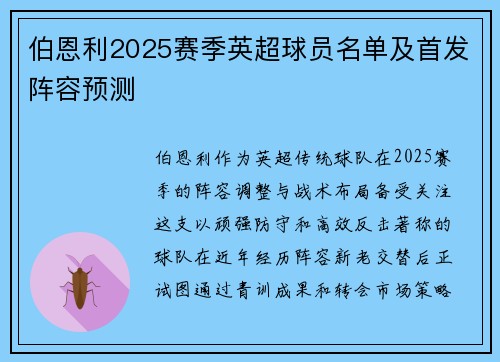 伯恩利2025赛季英超球员名单及首发阵容预测